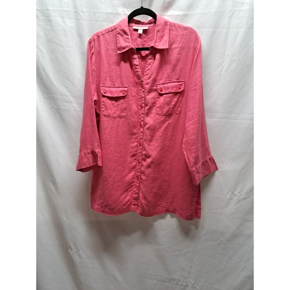 JM Collection Pink Linen Button Up Flap Pocket V-Neck Blouse 120 - Picture 1 of 6